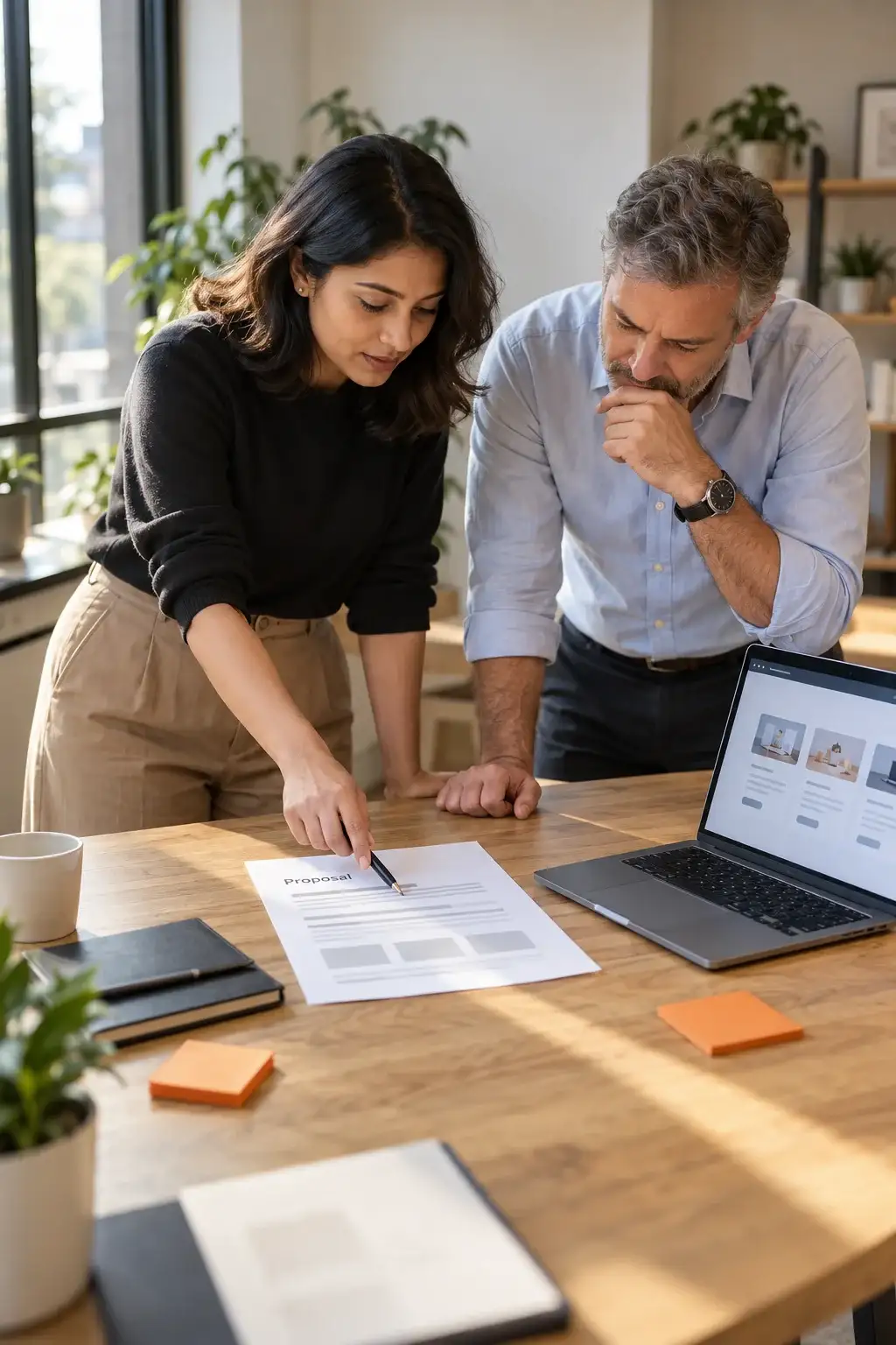 Consultant walking a client through a printed proposal at an oak table