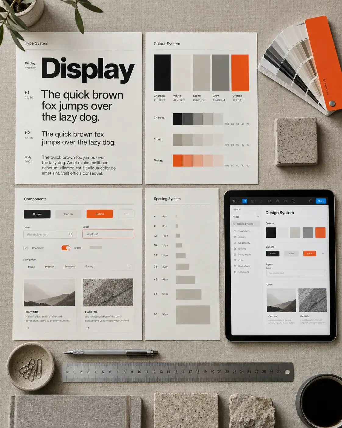 Design system sheets, colour swatches and type specimens on a desk