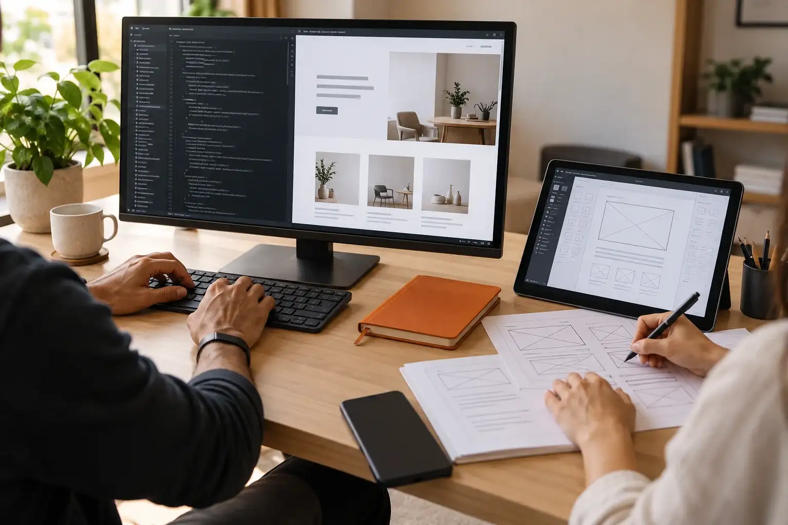 a developer coding beside a live site preview while a designer sketches wireframes