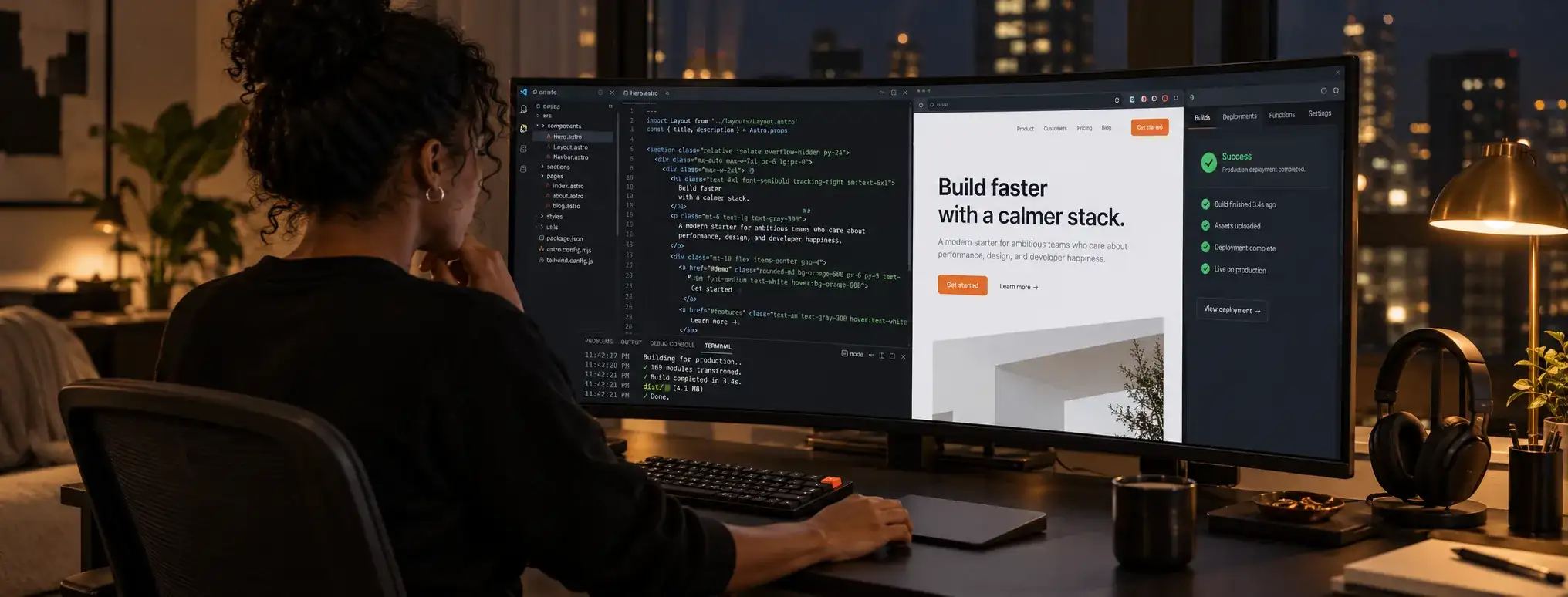Developer at an ultrawide monitor with code and a live site preview side by side