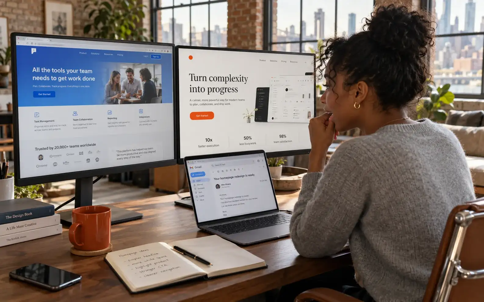 Founder at a desk reviewing her redesigned homepage on two screens