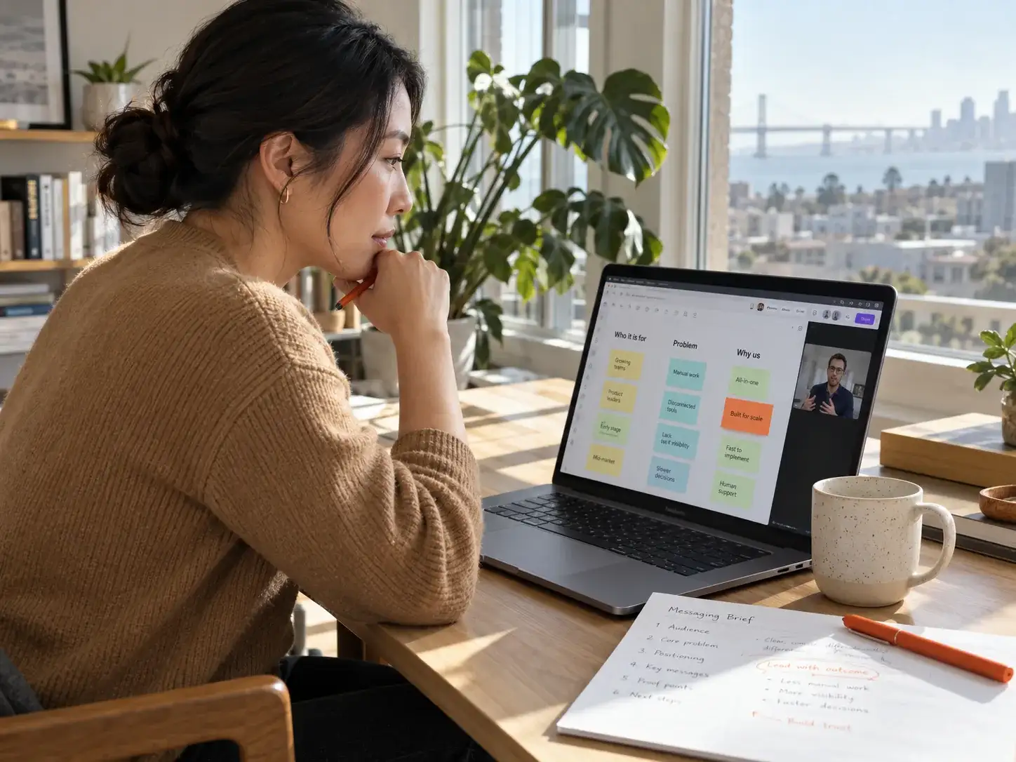 Founder on a video call reviewing a homepage on a laptop