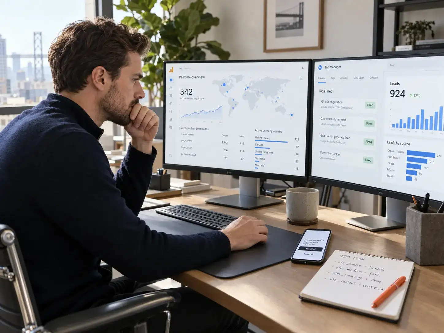 A growth marketer checking realtime analytics and tag firing on two monitors