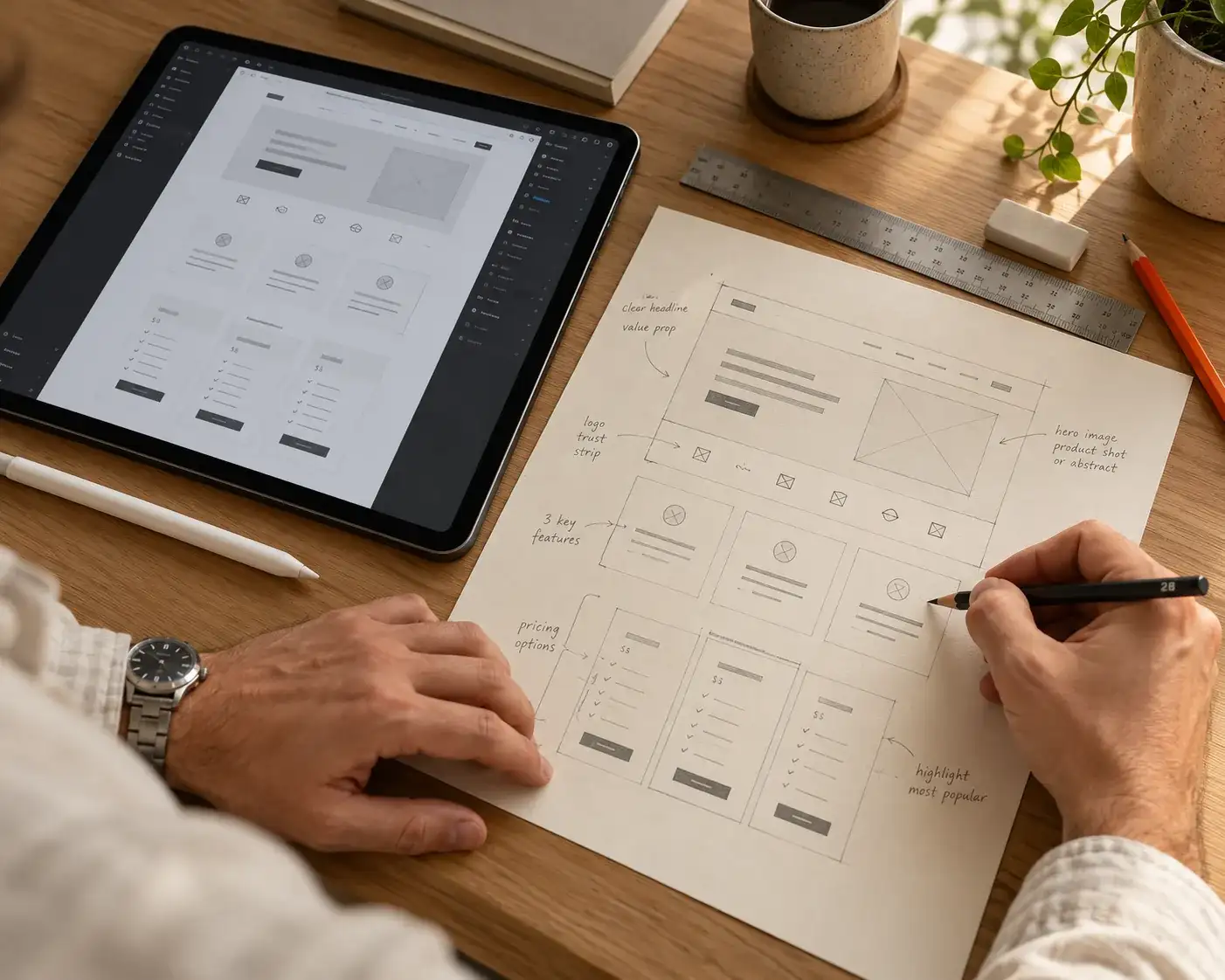 Homepage wireframes sketched on paper beside a tablet