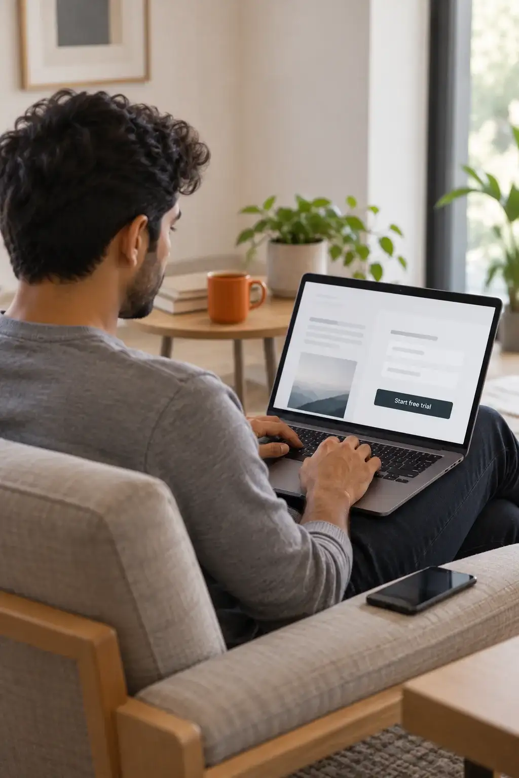 Product manager in a lounge chair signing up for a free trial on his laptop