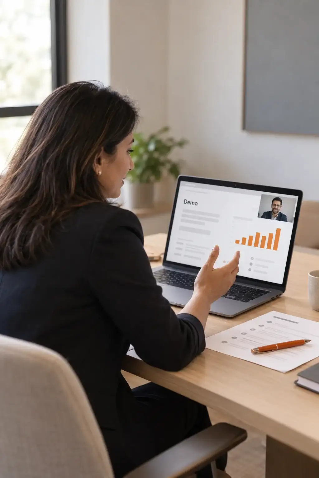 Head of sales on a video call, presenting a product demo dashboard to a buyer