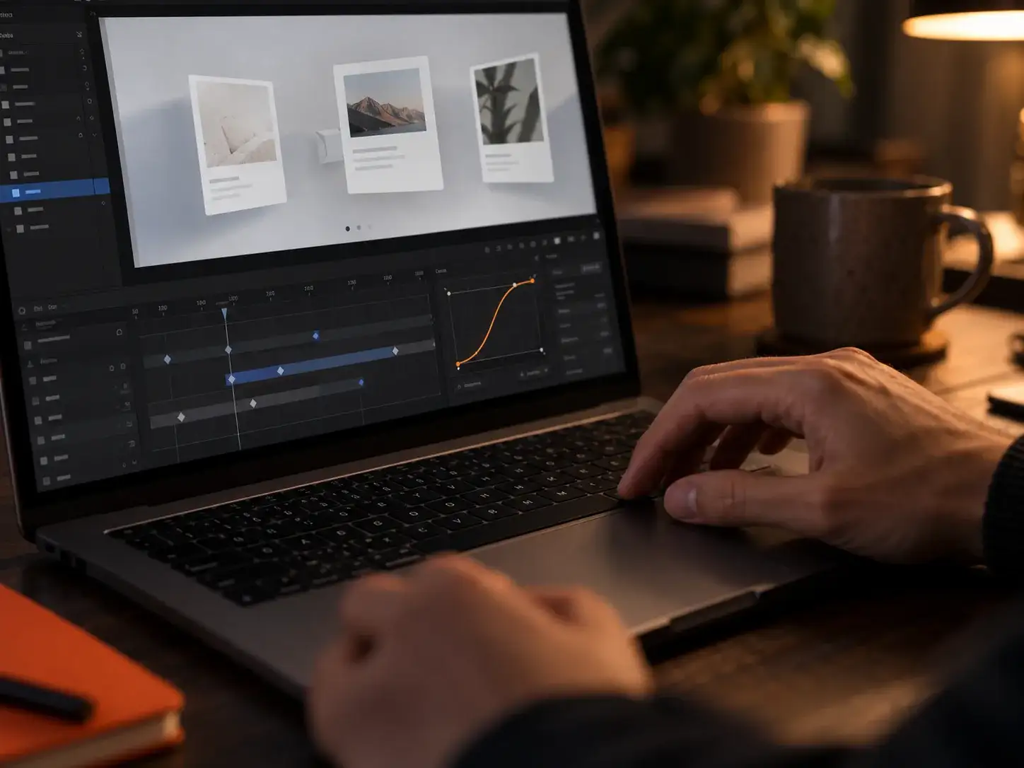 Hands on a trackpad with a motion timeline on screen